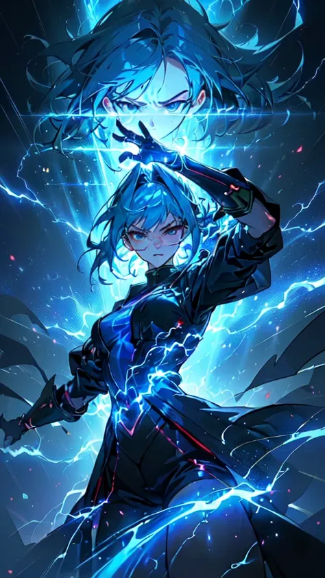 (masterpiece:1.3), Close shot, a beautiful woman with blue hair, glasses, a serious face, with electric powers, in an incredible dynamic pose, thunder aura, cinematic lighting, god rays, anime style, UHD, accurate, high quality, highres, (high quality draw...