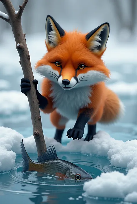 The next day, the fox is using a sturdy branch as a lever to break the ice. The hole is much larger now, and the fox looks more confident and focused. The ice cracks open, and fish are visible just below the surface. The scene captures the moment of triump...