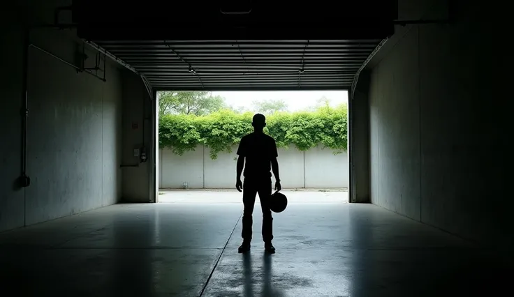 wide view shot. A full body silhouette of a man standing at the entrance of a very large garage, holding a helmet in his right hand. The scene is very dark, with the garages interior in mostly black shadow, contrasting with the bright daylight outside. The...