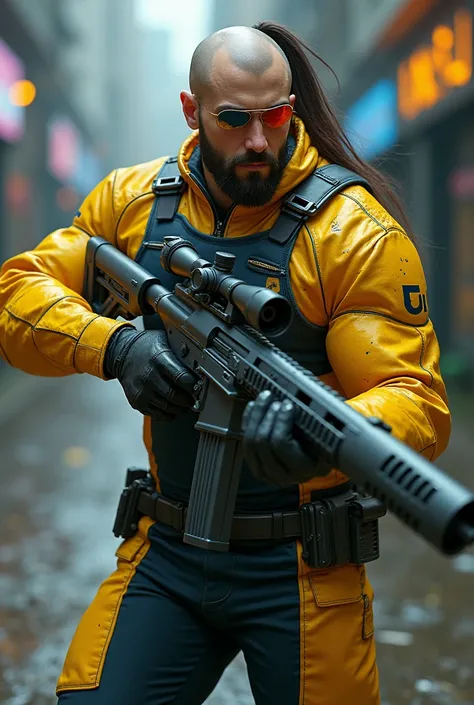 ((Man wear big"u" logo "blue ""on"yellow" singlet .))cyberpunk jumpsuit. Skinny fit muscle body. With high tech visor. Holding futuristic gun sniper. Bald with one ponytail hairstyle. Malay man. Tan skin. Oil body.