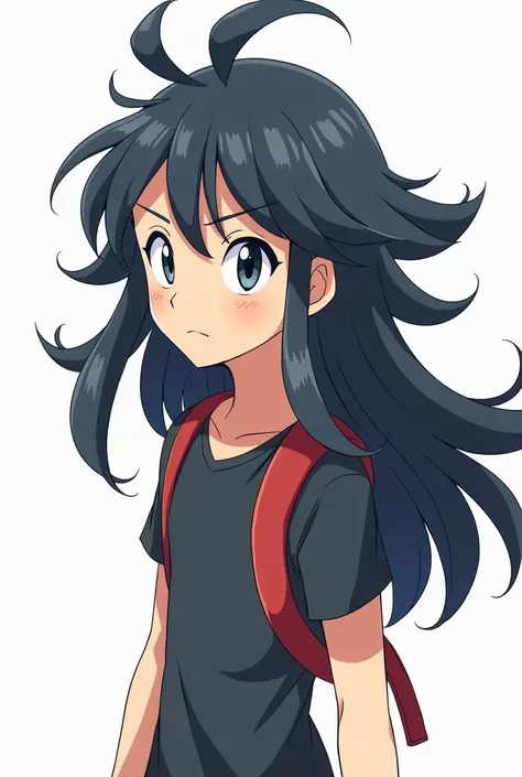 white background. Male character with long black hair pokemon anime style 