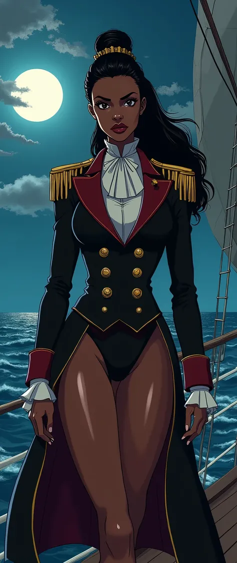 fullbody shot 80s anime under the glinting moonlight, the seas, a beautiful young African Caribbean girl, detailed face and features, wet rich dark glowing skin, glamorous makeup, famous pirate, admiral frock coat with gold epaulets, Victorian era, pirate ...