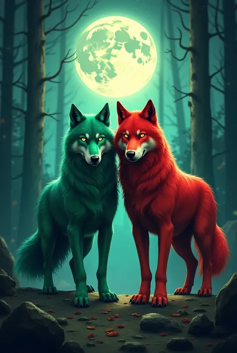 Green and red wolf at night with a full moon 