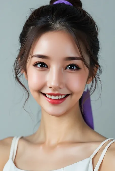 A close-up photo of a beautiful Korean woman with soft features and a radiant smile. She has smooth, fair skin and deep, expressive eyes that convey a warm, friendly aura. Her hair is tied back in a neat ponytail, with a purple ribbon securing it, and she ...