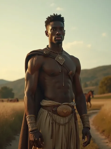 good-looking Greek God: Moor guy, courage, beautiful, hero, bravery, imported into the rural farmland while facing wizards magic and evil-kings. teenage dark skin protagonist: (most square jaw (straight nose) Handsome) UHD: His clothes (were transformed an...