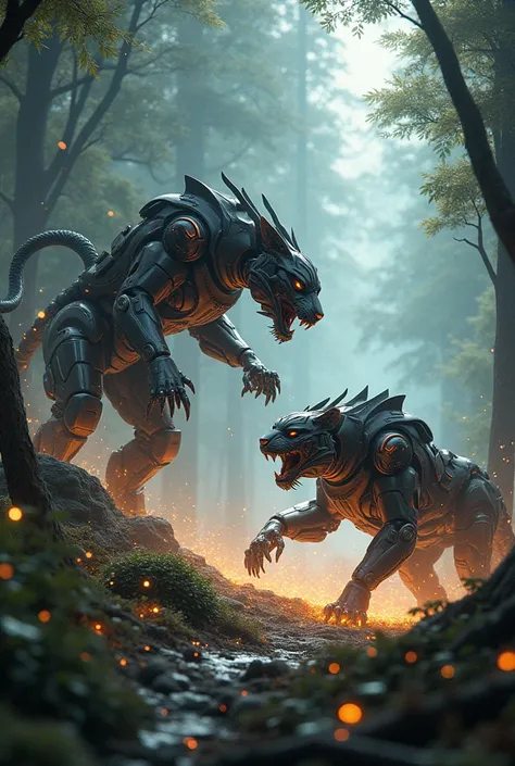 Robo-Tiger and Robo-Serpent clash in a high-tech forest. Robo-Tiger, with its agile, armored body and retractable claws, maneuvers through the underbrush, while Robo-Serpent, with its serpentine form and energy-draining tail, slithers silently and attacks ...