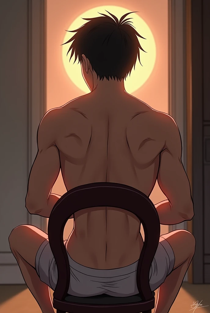 Asian boy ass in thong over round chair black man sneaking , anime,hight details 