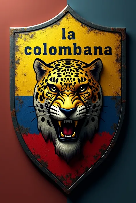 shield that has the flag of Colombia, with a jaguar and with text that says: "LA COLOMBIANA"