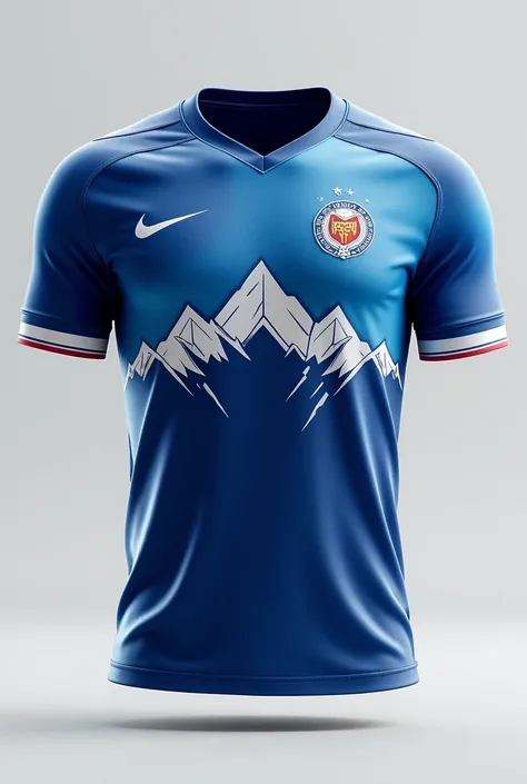 Create a blue and white soccer jersey with a white mountain and that says Real Coloradas 