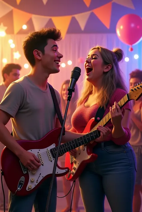 my younger brother, at a party celebrating a birthday, my very thin brother with muscles holding a guitar and me very fat singing on the microphone at 37 and 40 years old
