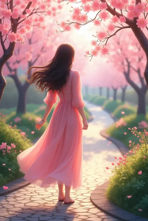 Brunette woman in long pink dress walking on a path with cherry blossoms