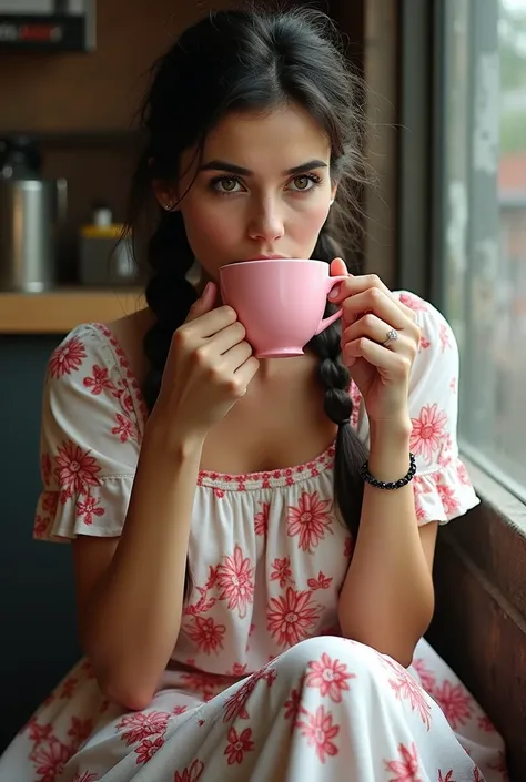 A realistic Turkish woman in her thirties with badly braided black hair wearing a white dress with a red flower pattern is sitting in a cheap cafe with her thick legs crossed, no make-up, she looking right and bring her coffe with pink cup low resolution a...