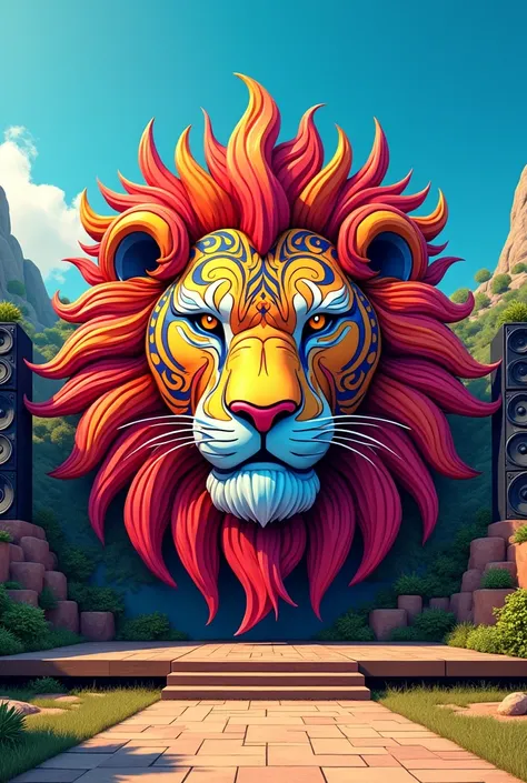 A vibrant and intricate festival stage design with a colorful, psychedelic lion face as focal point, with clear blue sky background and outdoor natural landscape. The stage is flanked by large speakers on either side, enhancing the festival atmosphere. The...