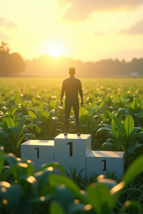 winners&#39; podium with number 1 as champion in the middle of a soybean plantation in the late afternoon