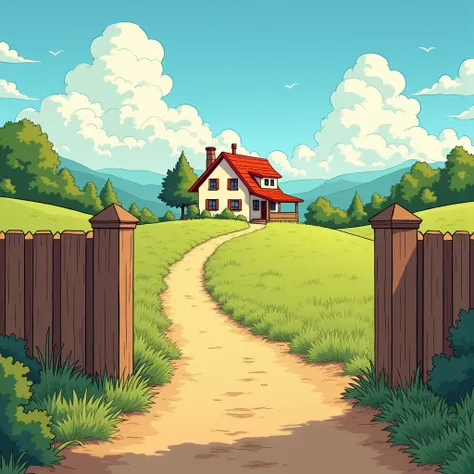 Une illustration dun paysage avec une jolie maison, grande et colorée au loin pour aller à cette maison, il y aurait une grande clôture en bois à ouvrir. Il ferait très beau ce jour-là dans un style graphique. Bande dessinée française 2D