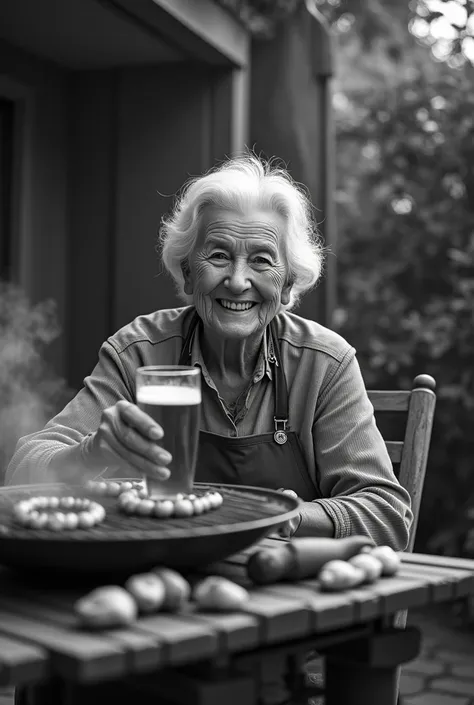 Happy Italian grandmother drinking beer cooking barbecue outside in black and white