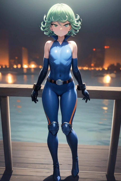 Masterpiece, Best Quality, Ultra Detailed, Illustration, Epic Lighting, Cinematic Composition, 1 Girl, Tatsumaki, Short Hair, Green Hair, Very Small Breasts, Green Eyes, Bright Eyes, Pouting, Blushing, Closed Mouth, Piercing Gaze, Full Body, Black Collar, ...