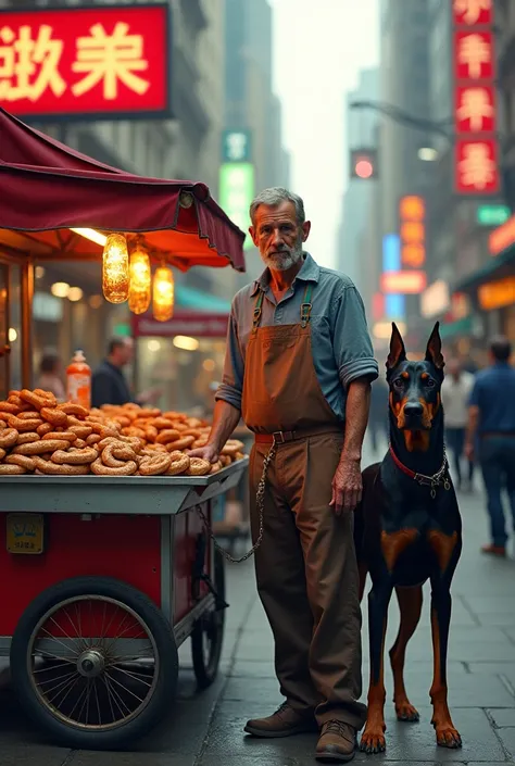 I want a photo of a snack vendor with his dog Pincher 