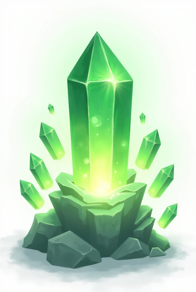 green crystal, Ablaze , of healing, white background without shadows, como um png, make a big one and some small ones, make a more abstract crystal, as if it were not polished