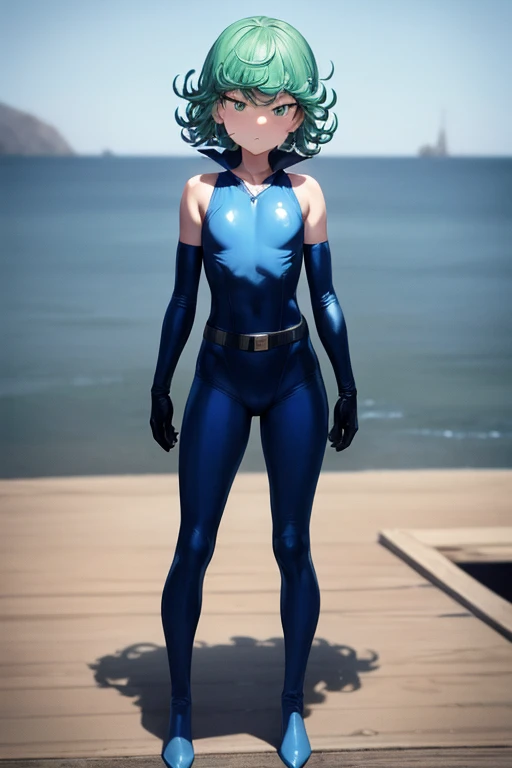 Masterpiece, Best Quality, Ultra Detailed, Illustration, Epic Lighting, Cinematic Composition, 1 Girl, Tatsumaki, Short Hair, Green Hair, Very Small Breasts, Green Eyes, Bright Eyes, Pouting, Blushing, Closed Mouth, Piercing Gaze, Full Body, Black Collar, ...