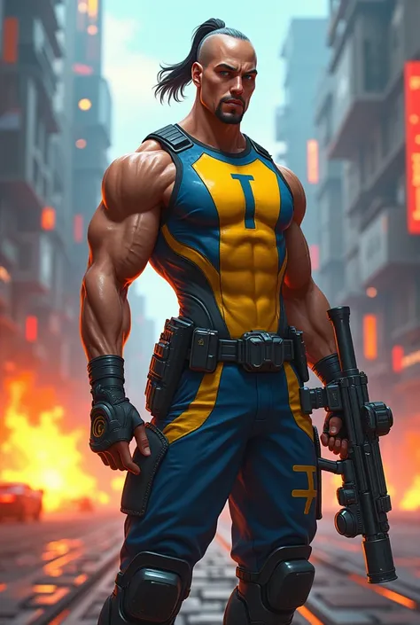 ((Man wear big"i" logo "yellow ""on"blue" singlet .))cyberpunk jumpsuit. Skinny fit muscle body. With high tech visor. Holding futuristic gun sniper. Bald with one ponytail hairstyle. Malay man. Tan skin. Oil body. Splash colorfull bomb. Wear cargo pant "b...