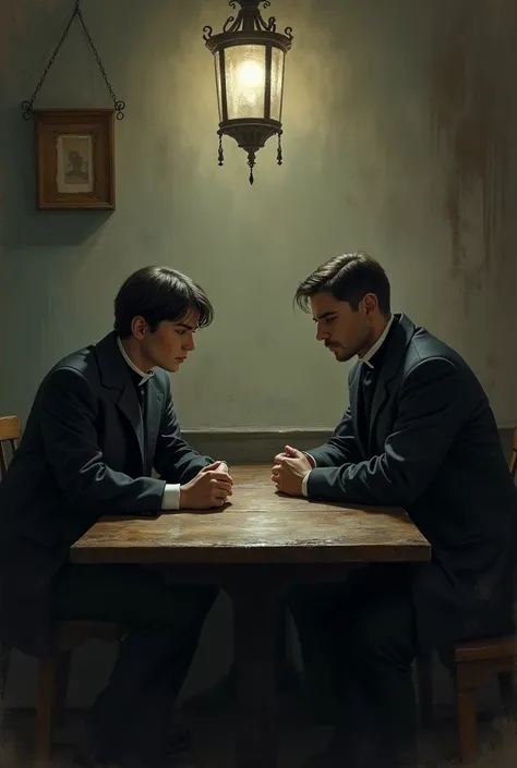  Draw two brothers talking to each other in a restaurant, reflect the cold and depressive nature of Russian novels (Karamazov brothers) Draw one of them as a young handsome priest and the other one is handsome adult