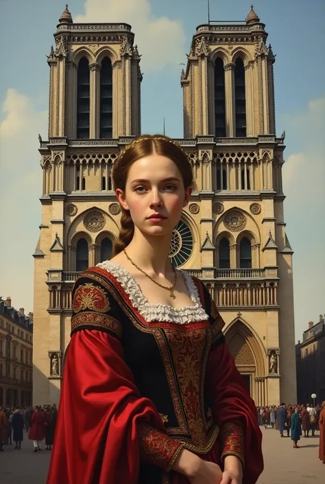 An oil painting of isabella of france standing in front of Notre dame de paris