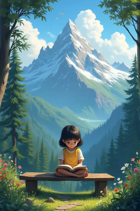 1 girl sit a bench reading a book and background a forest mountain