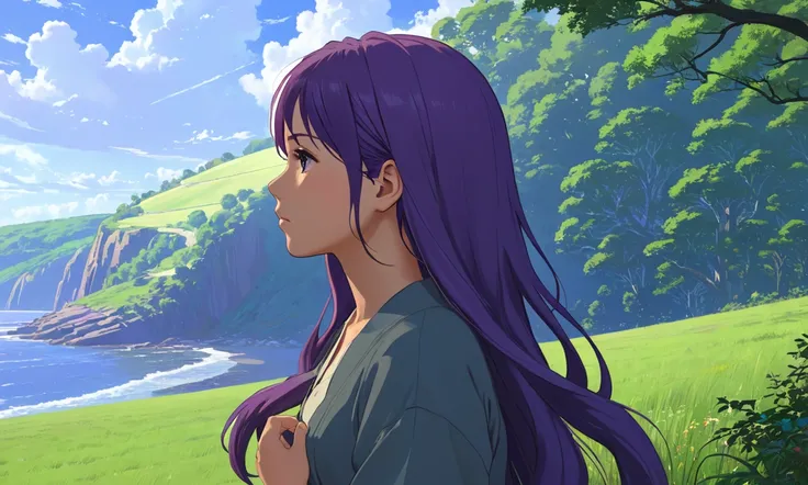 Uses Makoto Shinkai&#39;s depiction perfectly,Portrait of Halie Loren,8k 4k masterpiece photo ,Woman relaxing in nature,Age 25,Beautiful in profile,Long Hair,Purple Hair,Look in a different direction,Spacious,clothing,The bust is large