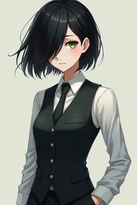 I would like to create a female character with short black hair with bangs that cover her left eye., Your eyes are deep green, She will be wearing a white dress shirt with a dress vest and tie as well as tailored pants., your shoes are social and black too...