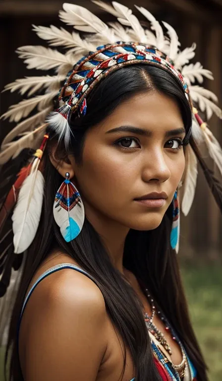 front view of a native american woman, woman with feather headdress, looking at the photo, rosto de frente, high quality image, ...