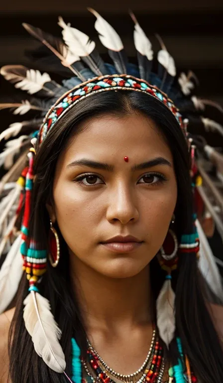 front view of a native american woman, woman with feather headdress, looking at the photo, rosto de frente, high quality image, ...