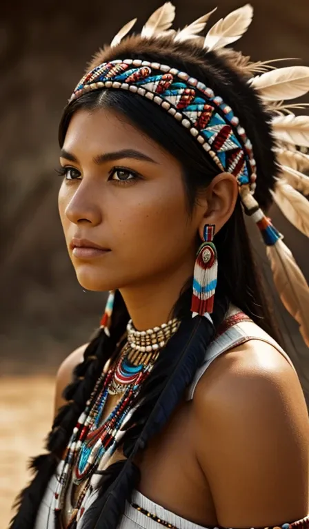 front view of a native american woman, woman with feather headdress, looking at the photo, rosto de frente, high quality image, ...