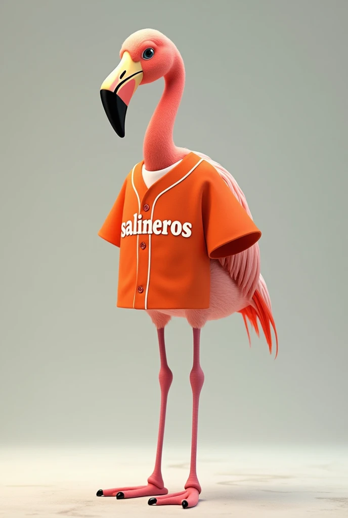 Flamingo with an orange baseball shirt that says SALINEROS