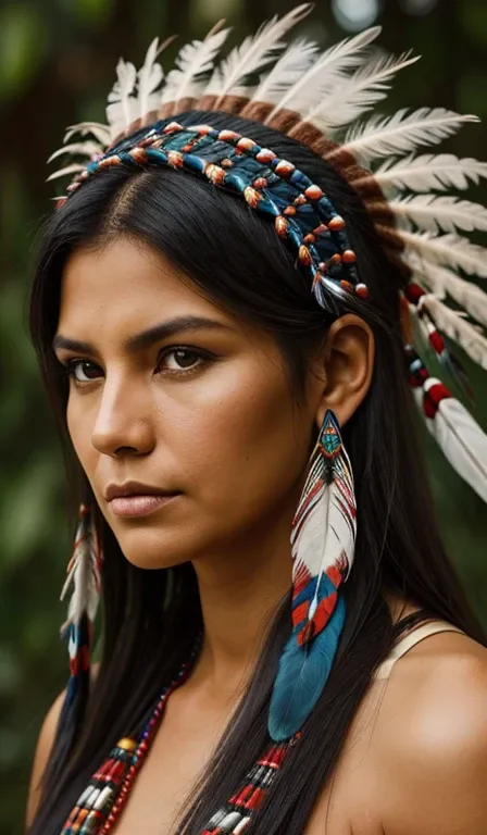 front view of a native american woman, woman of apparently 40 years old, woman with feather headdress on her head, looking at th...