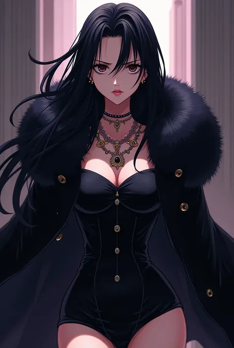 One piece anime panel. girl with pale skin. Dressed in a short black dress with a neckline and elegant long sleeves. . long black hair. Mature looking with intimidating look. She is wearing a very elegant big fur coat and also a lot of jewelry.. His eyes w...