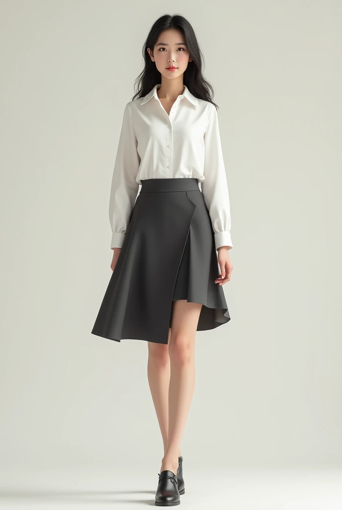  Draw a Korean student wearing a realistic skirt with an H-line and short skirt.