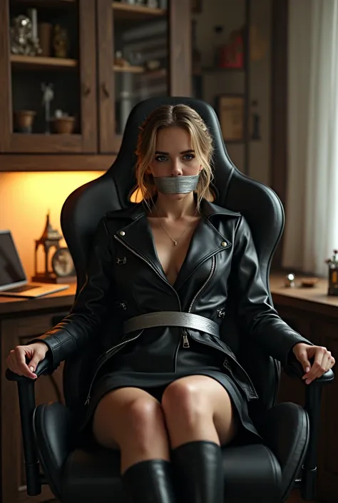 (photorealism:5.0), Emma Watson, she sitting on chair with her hands tied behind her back, mouth tied, gagged, silver tape, duct tape, kidnapped, she wear a long black leather boots, black leather short skirt, black leather short jacket, midlong braided bl...