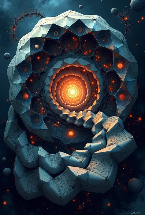 Create a book cover titled "Crononautas del Horizonte Estelar" featuring a fractal or repeating pattern design where polygons and angles replicate to symbolize the infinite universe. A large spiral fractal expands from the center of the cover, with planets...