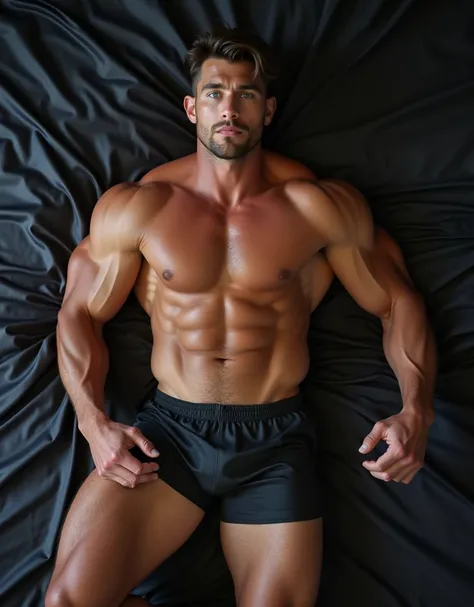 Impossibly muscular (Caucasian male:1.9), 20 years old, with bulging, hyper-defined hulk-sized muscles that defy human anatomy. Massive, veiny limbs and torso, towering height, sharp chiseled features, short brunette hair, piercing blue eyes. Laying nude o...