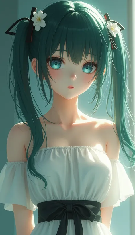 A beautiful, innocent girl with dark green hair in twintails, arms behind her back, wearing a white dress with a black waist tie, piercing blue eyes, (best quality,4k,8k,highres,masterpiece:1.2),ultra-detailed,(realistic,photorealistic,photo-realistic:1.37...