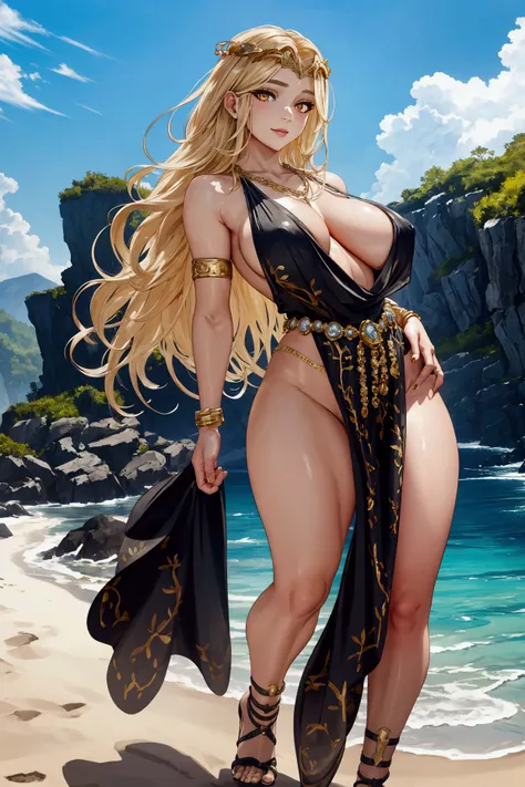 1 woman, Queen Marika, milf, mommy, gorgeous, toothy smile, standing, in pose, one hand on her waist, hair blonde, long hair, braided hair, golden eyes, (perfect eyes:1), beautiful eyes, beautiful face, (perfect face:1.3), Ultra-detailed face, (detailed fa...