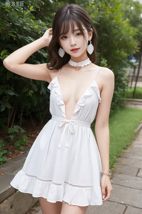 masterpiece、Highest quality、8k、Absurd、 (Upper Body:0.8)、The dress with a large open chest area,ruffle dress、(Small breasts:1.3) White-haired beautiful girl、choker、Earrings、Bangles、Cute face、Viewer&#39;s Eyes、smile、Ultra-realistic、High resolution、photograph...