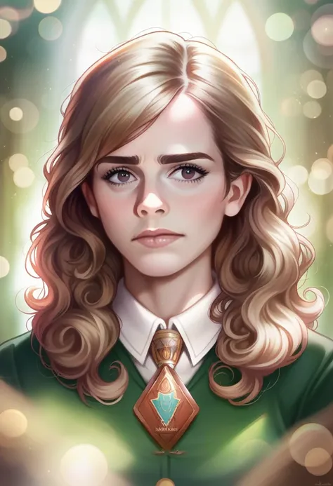 masterpiece, Full view (Portrait of Emma Watson as Hermione Granger), in an intimate Hogwarts uniform, detailed, half body shot, very detailed face, Hogwarts library in the background, (8k, HD, DSLR, high quality, cinematic lighting, bokeh), (dramatic, awa...