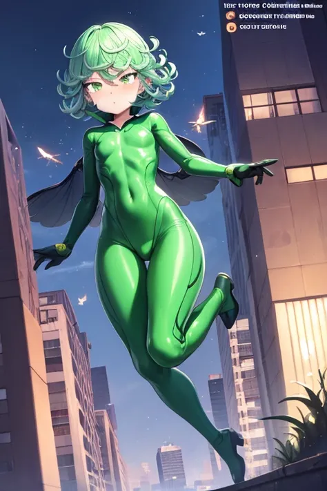 Masterpiece, best quality, ultra detailed, illustration, lighting epic, cinematic composition, 1 girl, Tatsumaki, short hair, green hair, very small breasts, green eyes, bright eyes, pouting, blushing, closed mouth, piercing gaze, full body, black collar, ...