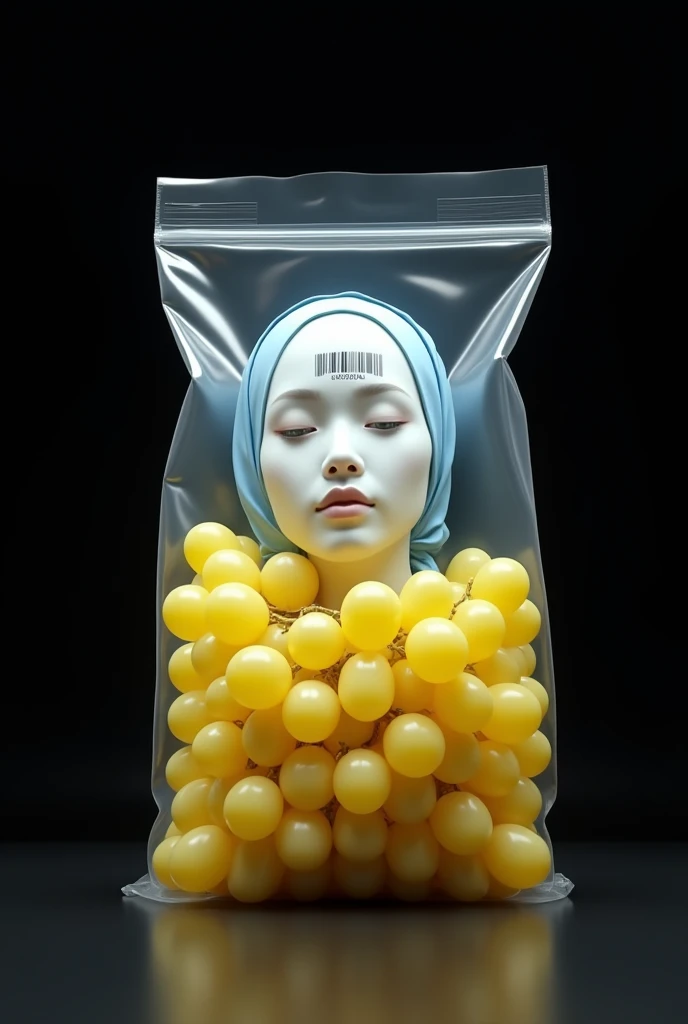 transparent plastic bag with a picture of a beautiful Korean woman, smooth white skin, well-groomed face, wearing a light blue hijab with a barcode on the forehead and along the edge of the pocket and yellow grapes. black background. The head of a beautifu...