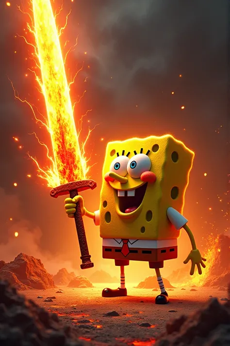 Create SpongeBob with mastered ultra instinct and a magma red world-destroying sword 