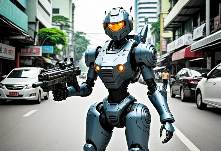 a female battle bot with a gun, she is patrolling the streets of bangkok