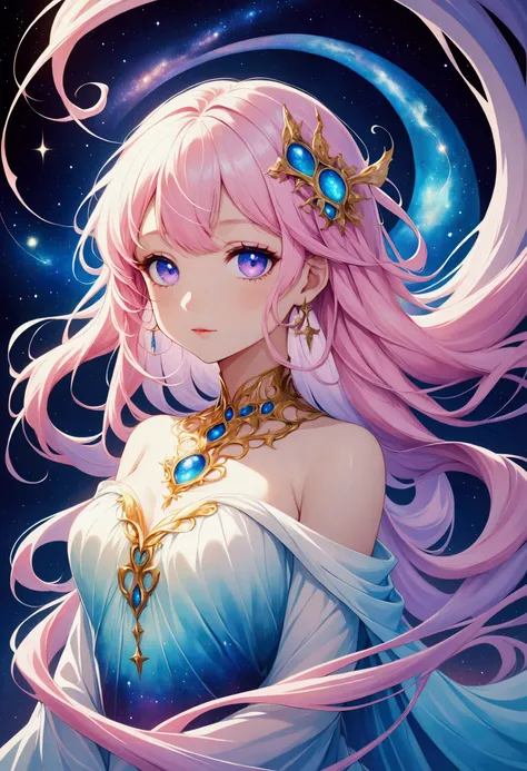 Imagine a surreal depiction of a siren, fused with celestial elements, portraying her as a cosmic being rather than a mere sea creature. The painting is a vibrant tapestry of swirling galaxies and nebulae, with star-studded purples, blues, and pinks flowin...