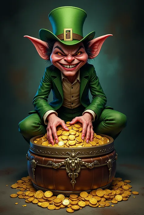 Creates an evil Leprechaun on top of a chest of gold in the form of a tattoo, make the chest round and the image complete 